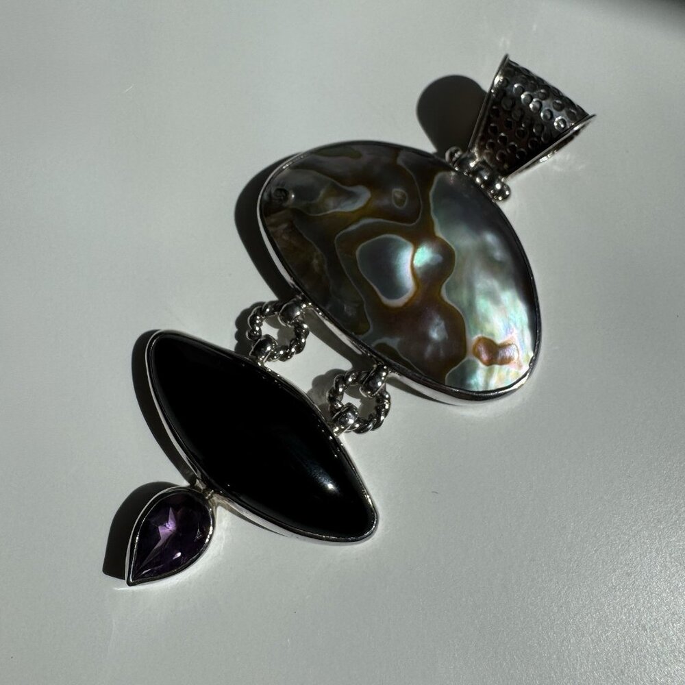 Vintage Silver 925 Pearl Native Onyx Amethyst Large pendant